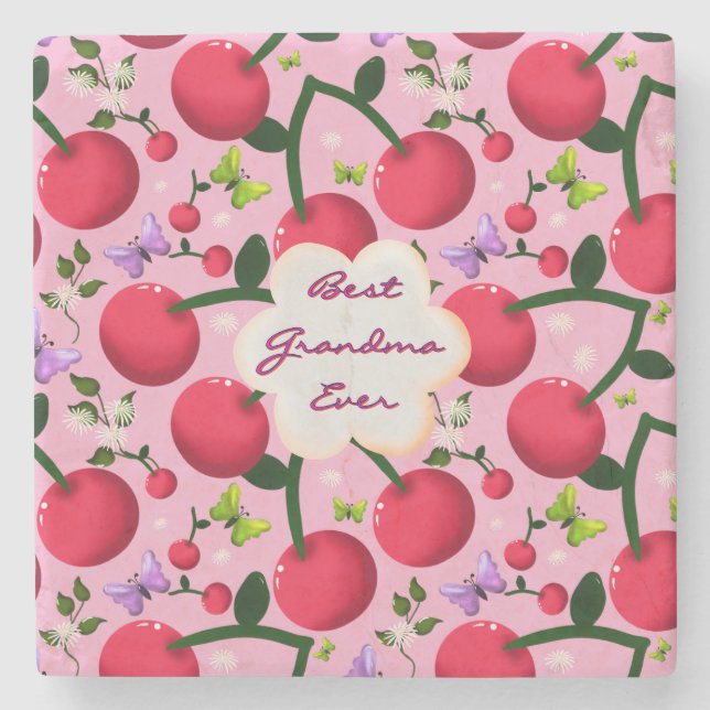Custom and personalized cherry butterfly gift  stone coaster (Front)