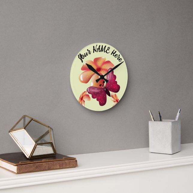 Custom and personalized floral Butterfly  Round Clock (Office)