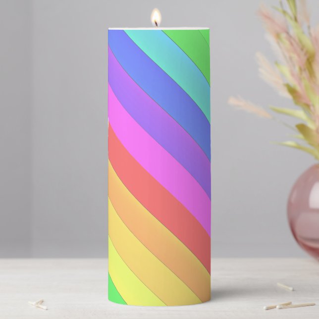 Custom Angled Elegant Colorful Rainbow Stripes Pillar Candle (In Situ)