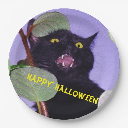 Custom Angry Halloween black cat Paper Plates