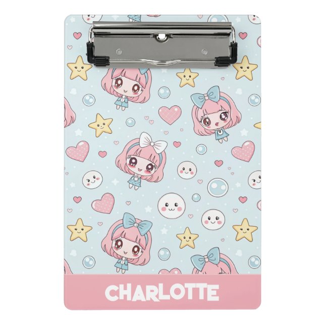 Custom Anime Kawaii with Hearts and Star Mini Clipboard (Front)
