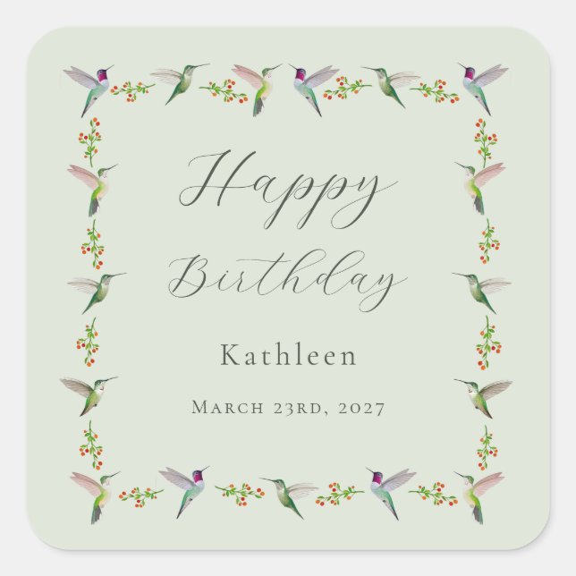 Custom Anna's Hummingbirds Birthday Square Sticker (Front)