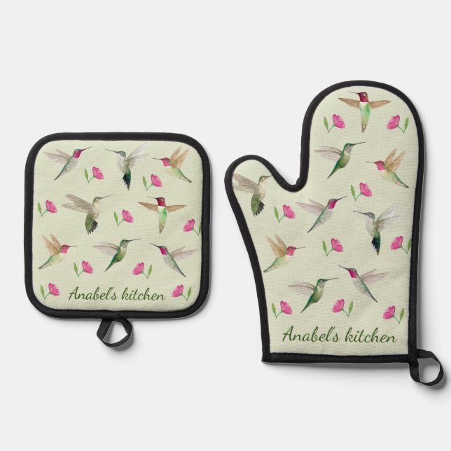 Custom Anna's Hummingbirds  Oven Mitt & Pot Holder Set (Front)