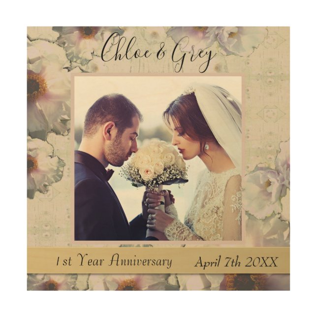 Custom Anniversary Photo Floral Wood Wall Art (Front)