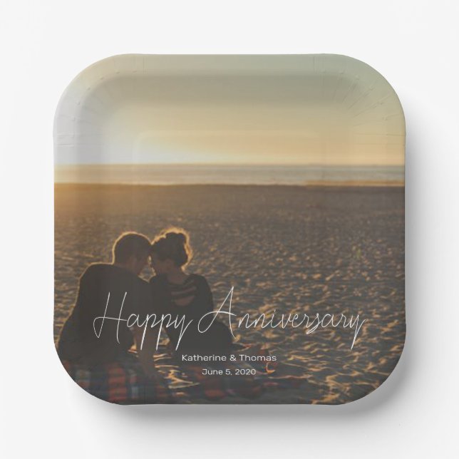 Custom Anniversary Photo Personalized text modern  Paper Plates (Front)