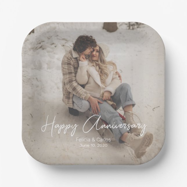 Custom Anniversary Photo Personalized text modern  Paper Plates (Front)