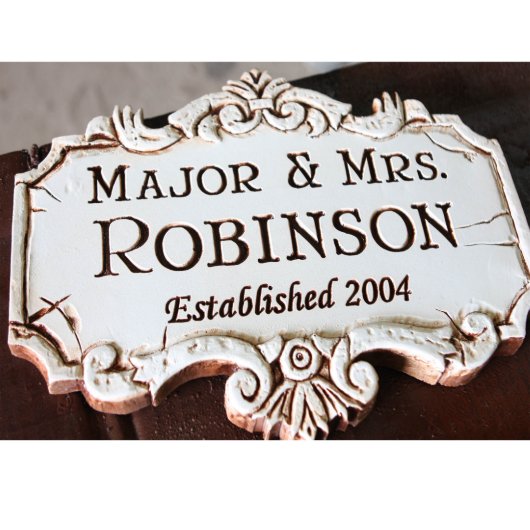 Custom Antique White Scrolled Home Carved Sign (Front)