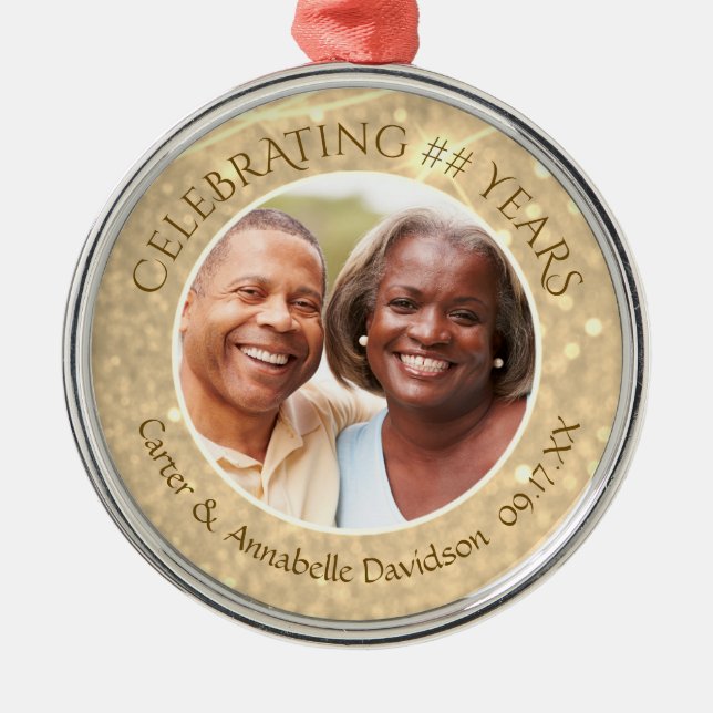 Custom ANY Anniversary | Gold Sparkle Photo Metal Ornament (Front)