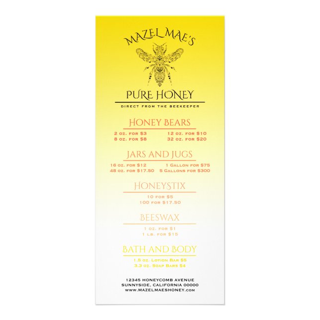 Custom Apiary Honey Menu (Front)