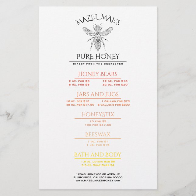 Custom Apiary Honey Menu Flyer (Front)