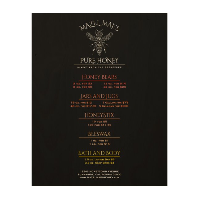 Custom Apiary Honey Menu Wood Wall Art (Front)
