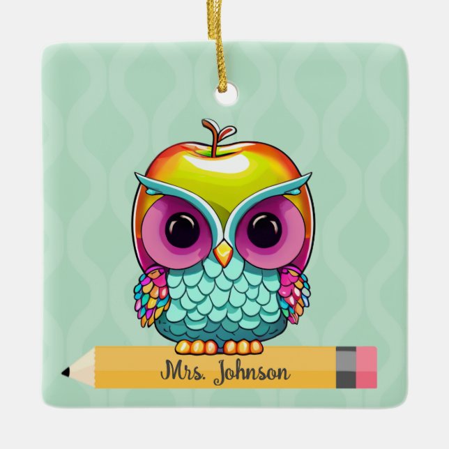 Custom Apple Owl Teacher Name Christmas Ornament (Front)