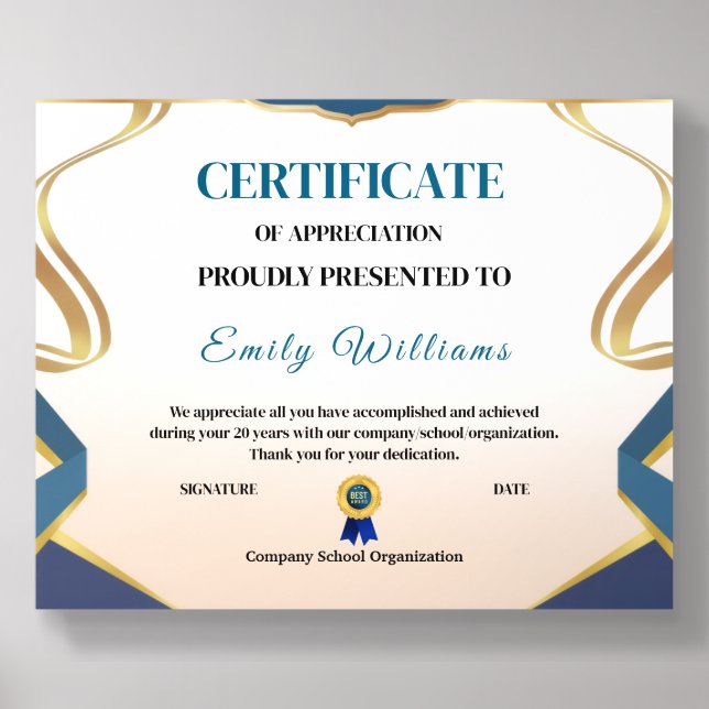 Custom Appreciation Achievement Gold Certificate Acrylic Photo Tile (Front Set)