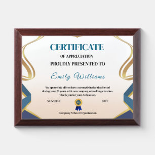 Custom Appreciation Achievement Gold Certificate Award Plaque