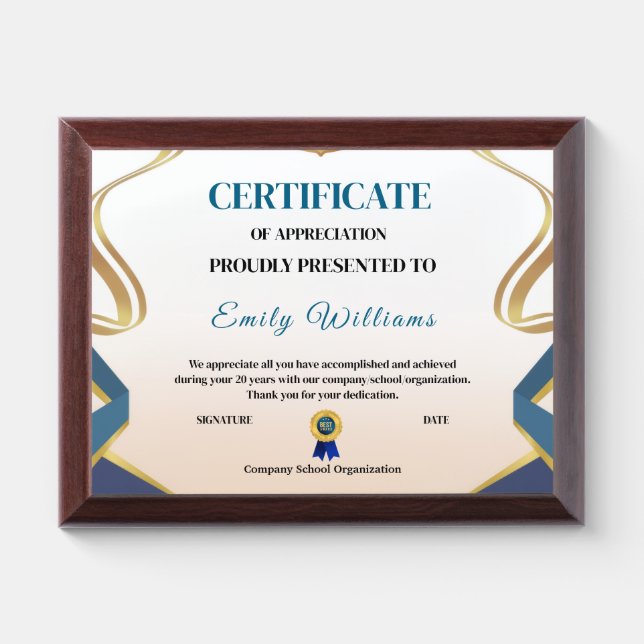Custom Appreciation Achievement Gold Certificate Award Plaque (Horizontal)