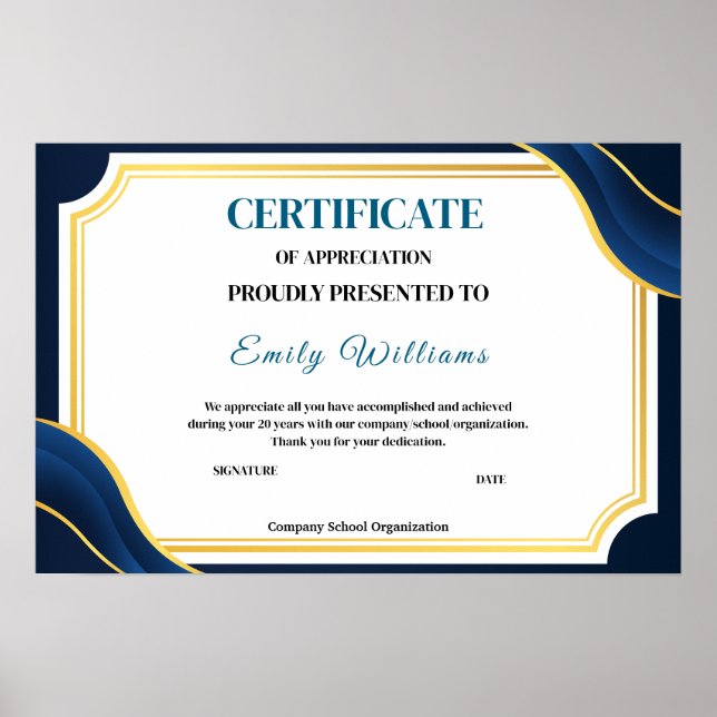 Custom Appreciation Achievement Gold Certificate P Poster (Front)