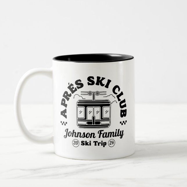 Custom Apres Ski Family Friends Ski Trip Group Two-Tone Coffee Mug (Left)