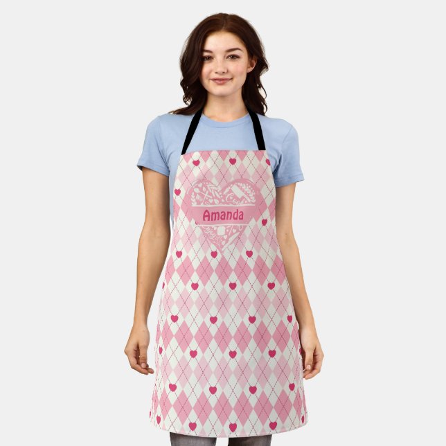 Custom Apron, Pink Checkered, Kitchen Chef BBQ  Apron (Worn)