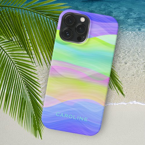 Custom Aqua Blue Lime Green Purple Waves Stripes iPhone 15 Plus Case