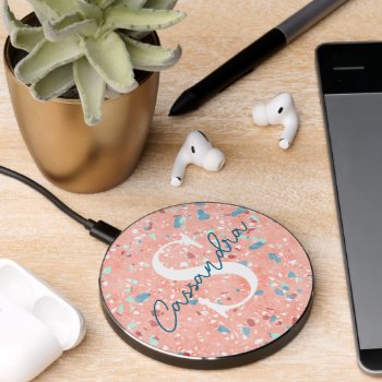 Custom Aqua Blue Mint Green Terrazzo Art Pattern Wireless Charger by CaseConceptCreations at Zazzle