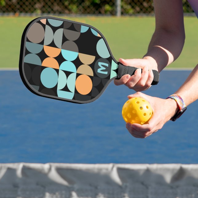 Custom Aqua Blue Rust Orange Retro Art Pattern Pickleball Paddle (Insitu)