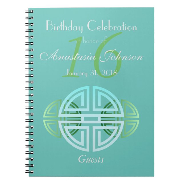 Custom Aqua Mint Longevity Motifs Birthday Guests Notebook (Front)