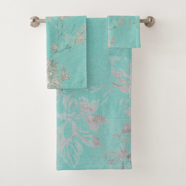 CUSTOM AQUA  SILVER FLORAL BATHROOM TOWEL SET (Insitu)