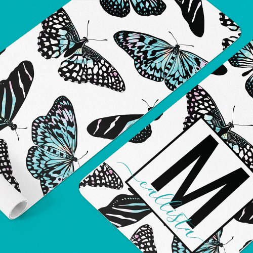 Custom Aqua Teal Butterfly Trendy Personalization Yoga Mat