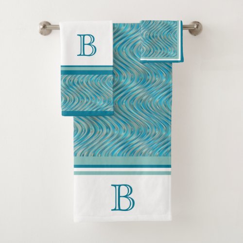 Custom Aqua Turquoise Blue Taupe Curved Lines Art Bath Towel Set