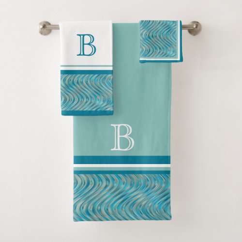 Custom Aqua Turquoise Blue Taupe Curved Lines Art Bath Towel Set