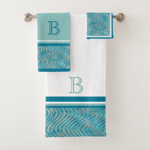 Custom Aqua Turquoise Blue Taupe Curved Lines Art Bath Towel Set