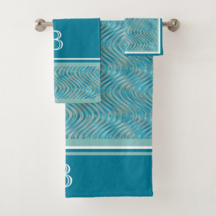 Custom Aqua Turquoise Blue Taupe Curved Lines Art Bath Towel Set