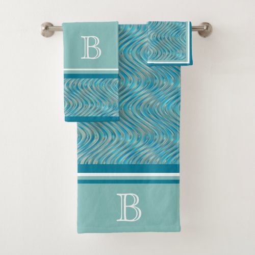 Custom Aqua Turquoise Blue Taupe Curved Lines Art Bath Towel Set