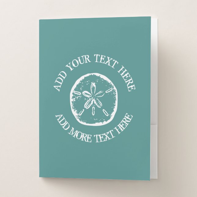 Custom aquamarine sand dollar shell beach wedding pocket folder (Front)
