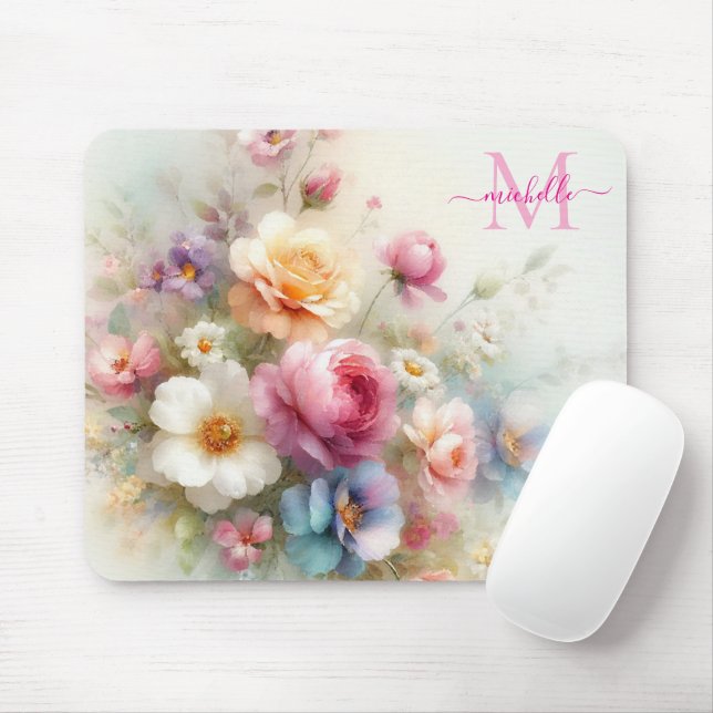 Custom Aquarell Floral Template Monogrammed Mouse Pad (With Mouse)