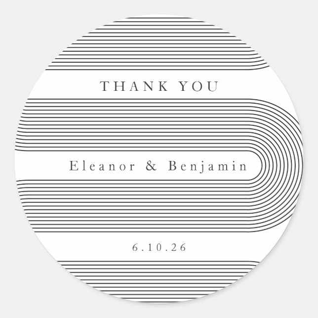Custom Arch Black White Lines Elegant Name Wedding Classic Round Sticker (Front)