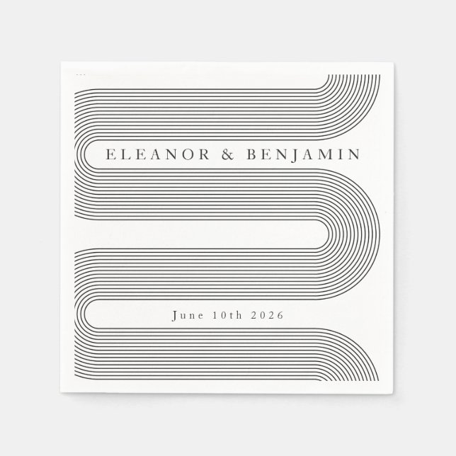 Custom Arch Black White Lines Elegant Name Wedding Napkins (Front)