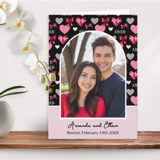 Custom Arch Photo Bows and Hearts Valentine's Day Card (A modern Valentine's Day card with photo in an arch shape, personalized text, and hearts and bows)