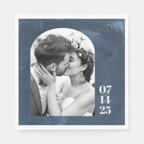 Custom Arch Shape Wedding Photo Date Navy Blue   Napkins