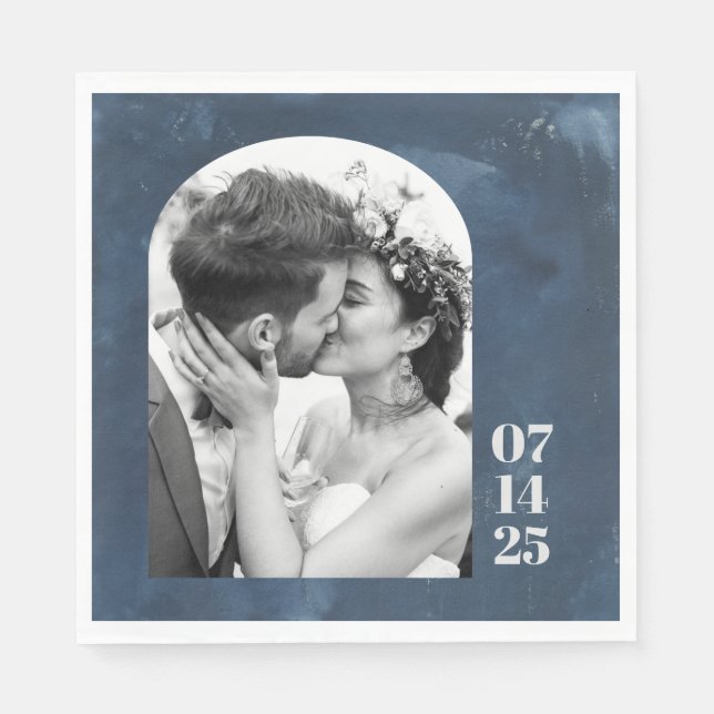 Custom Arch Shape Wedding Photo Date Navy Blue   Napkins (Front)