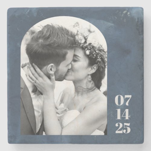 Custom Arch Shape Wedding Photo Date Navy Blue  Stone Coaster