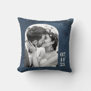 Custom Arch Shape Wedding Photo Date Navy Blue Throw Pillow