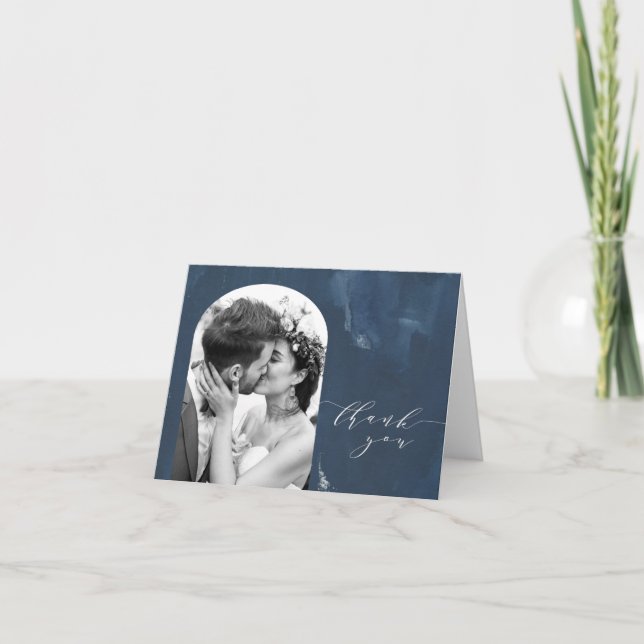 Custom Arch Shape Wedding Photo Navy Blue  Thank You Card (Front)