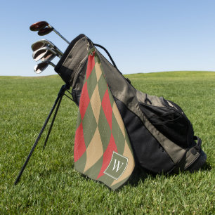 Custom Argyle – Army Green, Red & Khaki Monogram Golf Towel