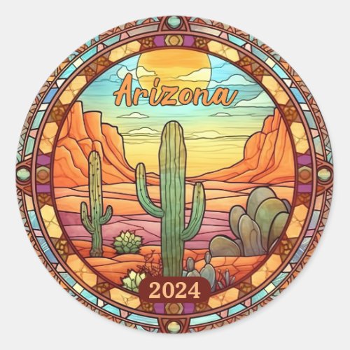 Custom Arizona Desert Cactus Faux Stained Glass  Classic Round Sticker