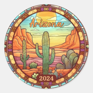 Custom Arizona Desert Cactus Faux Stained Glass Classic Round Sticker
