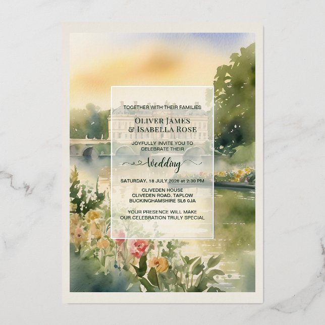 Custom Art Cliveden House Wedding Invitation Foil Invitation (Front)