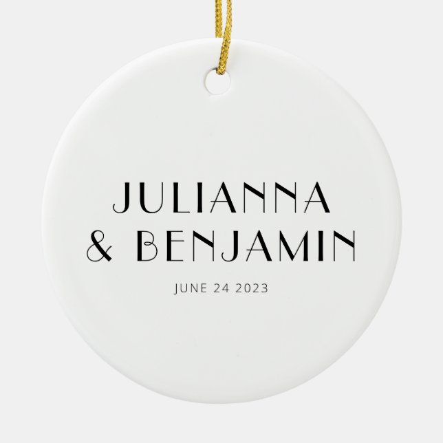 Custom Art Deco Black White Newlywed Name Keepsake Ceramic Ornament (Front)