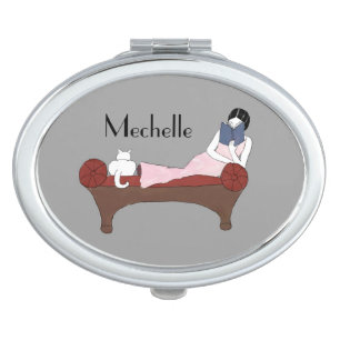 Custom Art Deco Lady & White Cat Compact Mirror