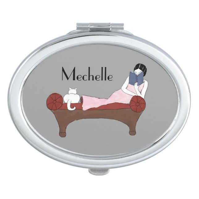 Custom Art Deco Lady & White Cat Compact Mirror (Front)